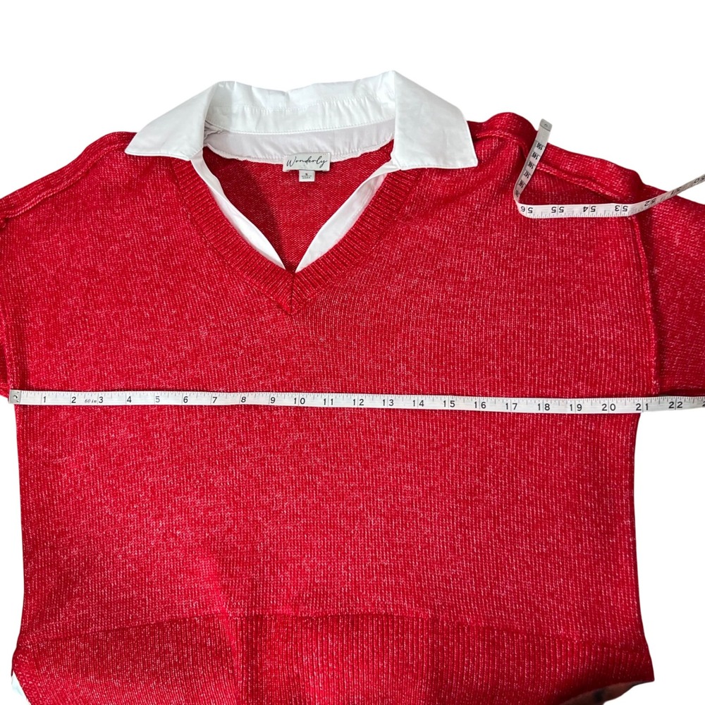 Wonderly Red Sparkle Layered Sweater White Collared Shirt Top‎ Women Size S - Picture 3 of 7